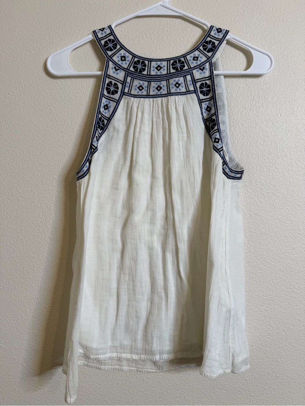 Joie White and Blue Cotton Embroidered Tank
